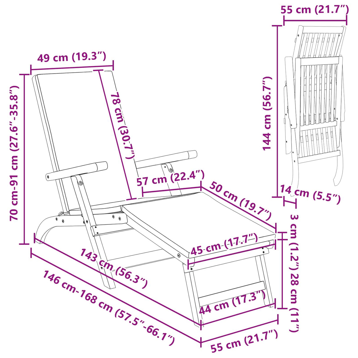 Reclining and Folding Sunlounger Solid Acacia Wood