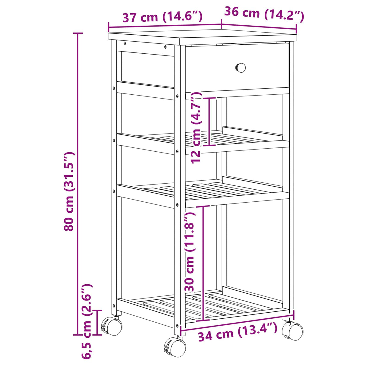 Kitchen Trolley with Wheels Natural 37 x 36 x 80 cm Bamboo