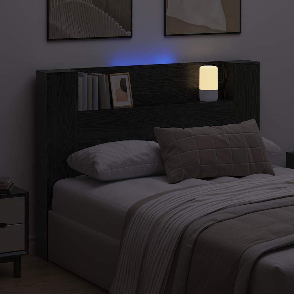 Storage Headboard with LED Black Oak Engineered Wood