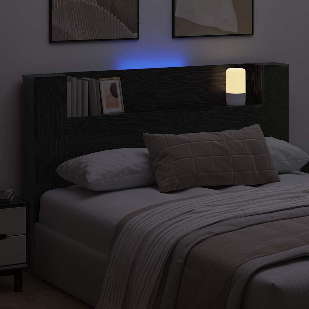 Storage Headboard with LED Black Oak Engineered Wood