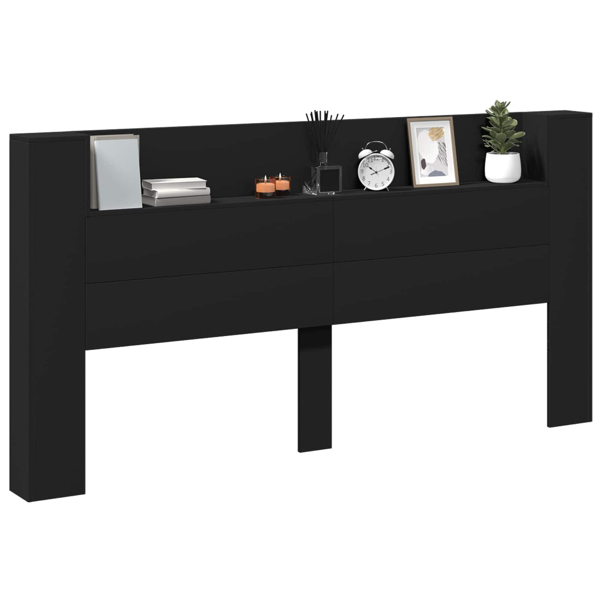 Storage Headboard with LED Black Engineered Wood
