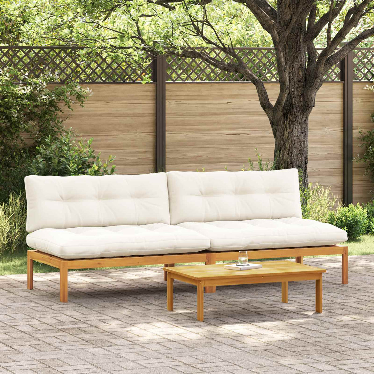 Middle Sofa Unit 2 pcs Natural and Cream White Acacia Wood
