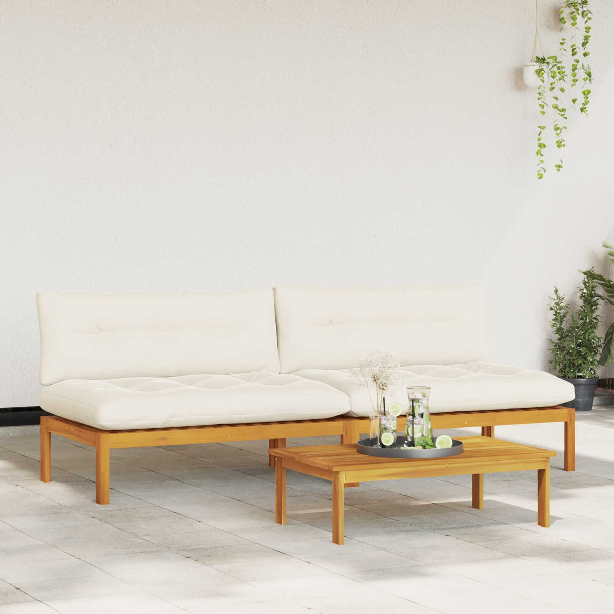 Middle Sofa Unit 2 pcs Natural and Cream White Acacia Wood