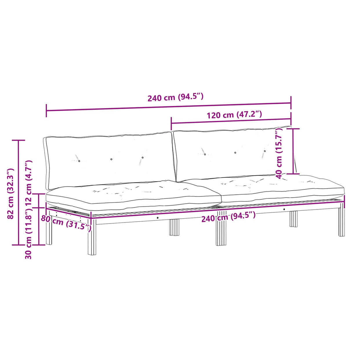Middle Sofa Unit 2 Piece Natural and Cream White Acacia Wood