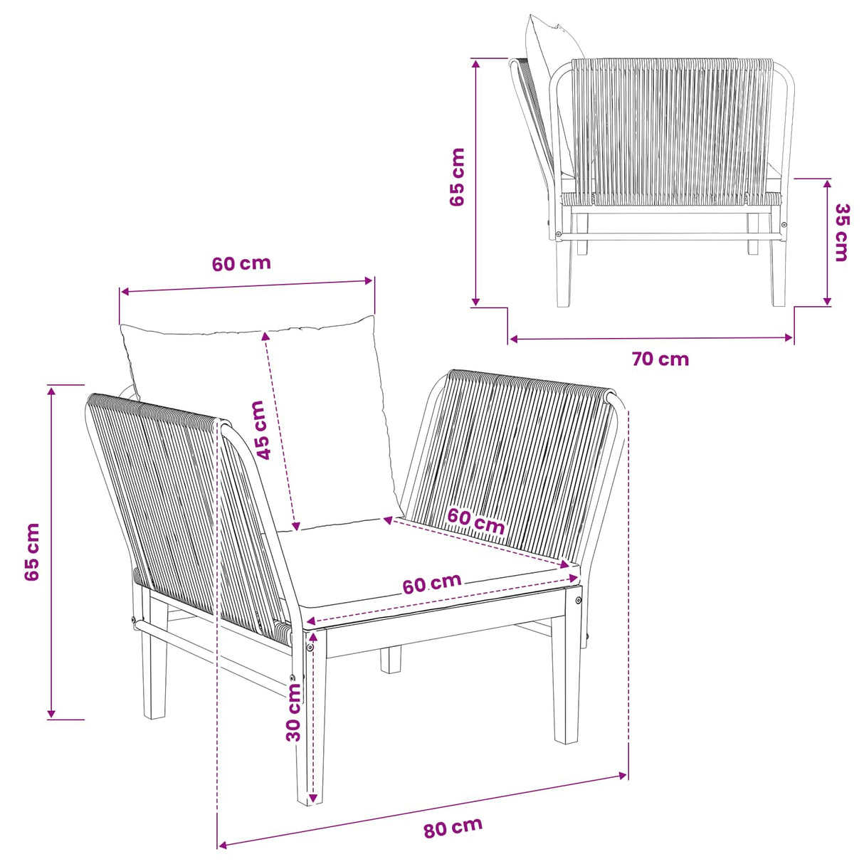 Garden Chair with Cushions Solid Acacia Wood & Rope Natural
