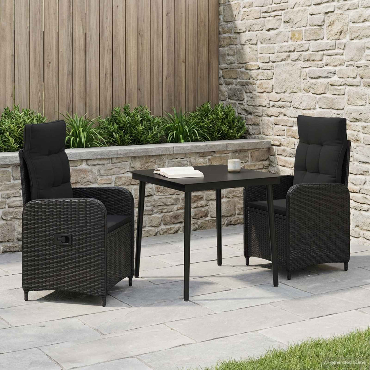 Sofa Table Set 3 pcs Black PE Rattan and Powder-Coated Steel