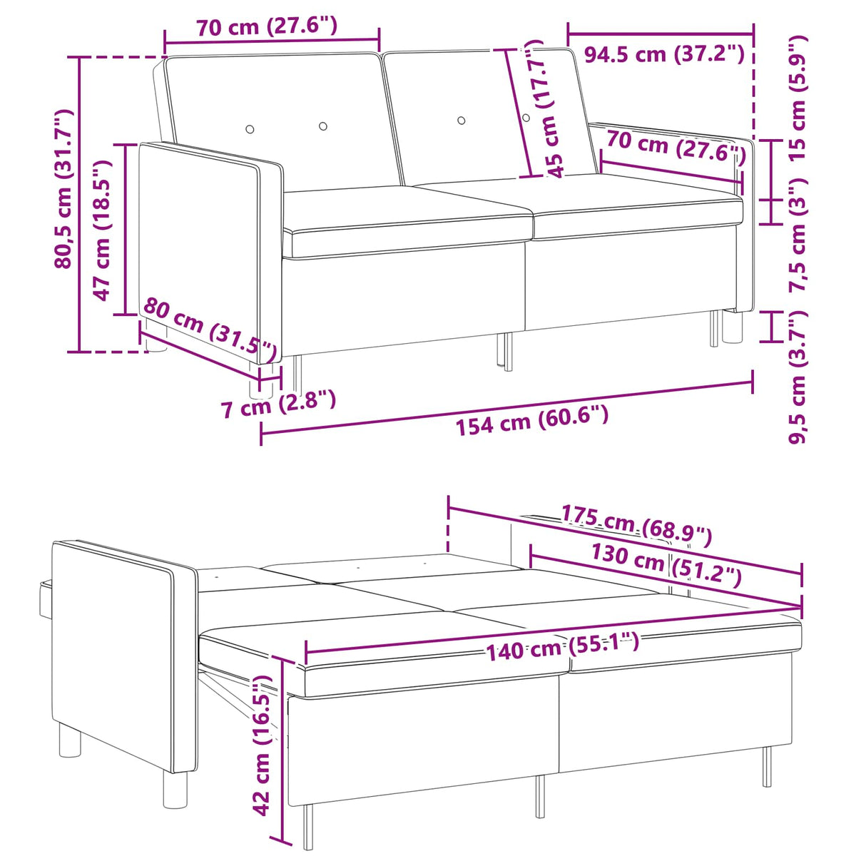 Pull Out Sofa Bed Dark Grey Fabric