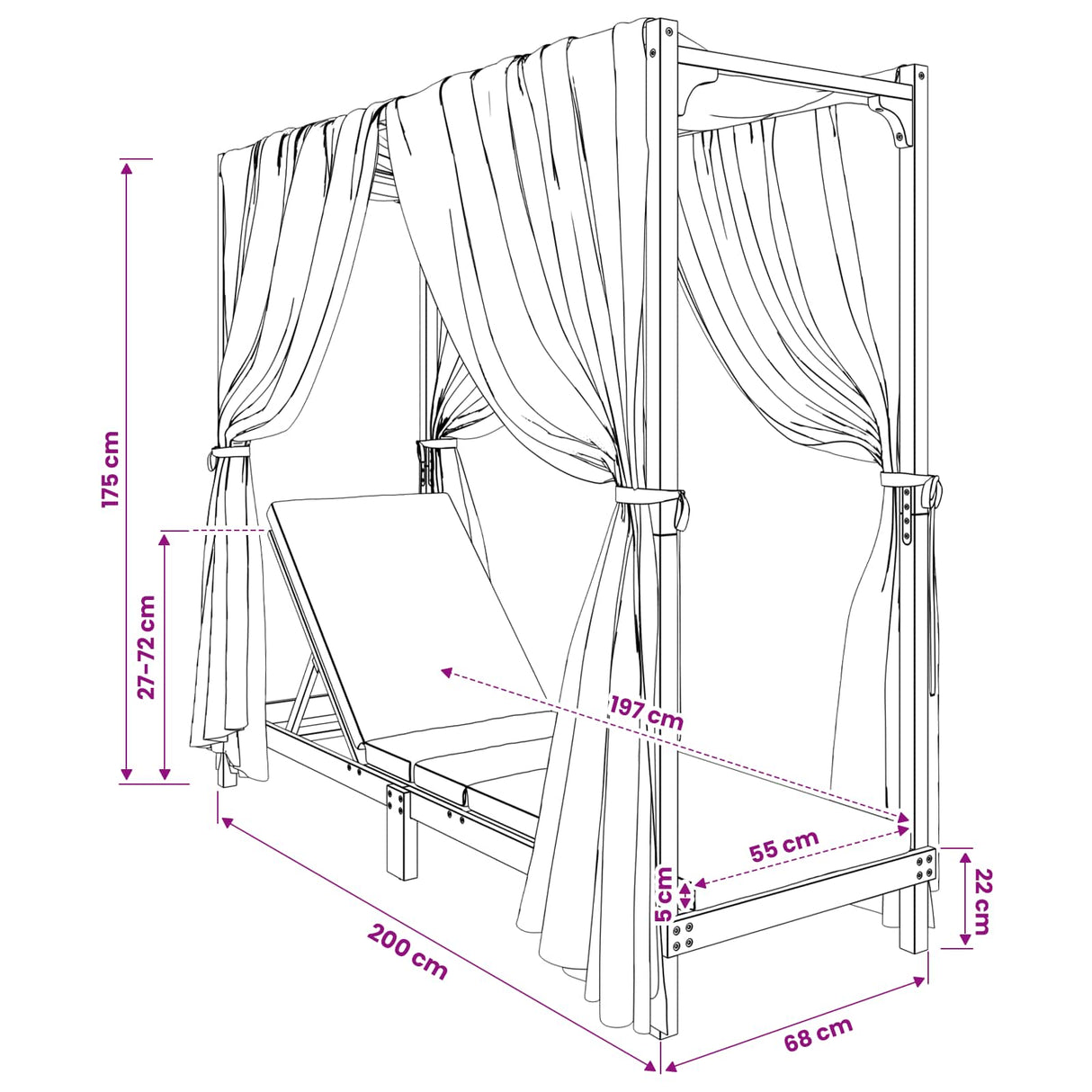 Single Sun Lounger with Canopy and Curtains Solid Acacia Wood