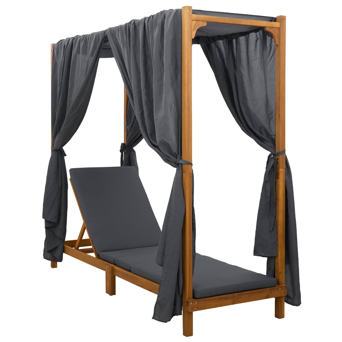 Single Sun Lounger with Canopy and Curtains Solid Acacia Wood