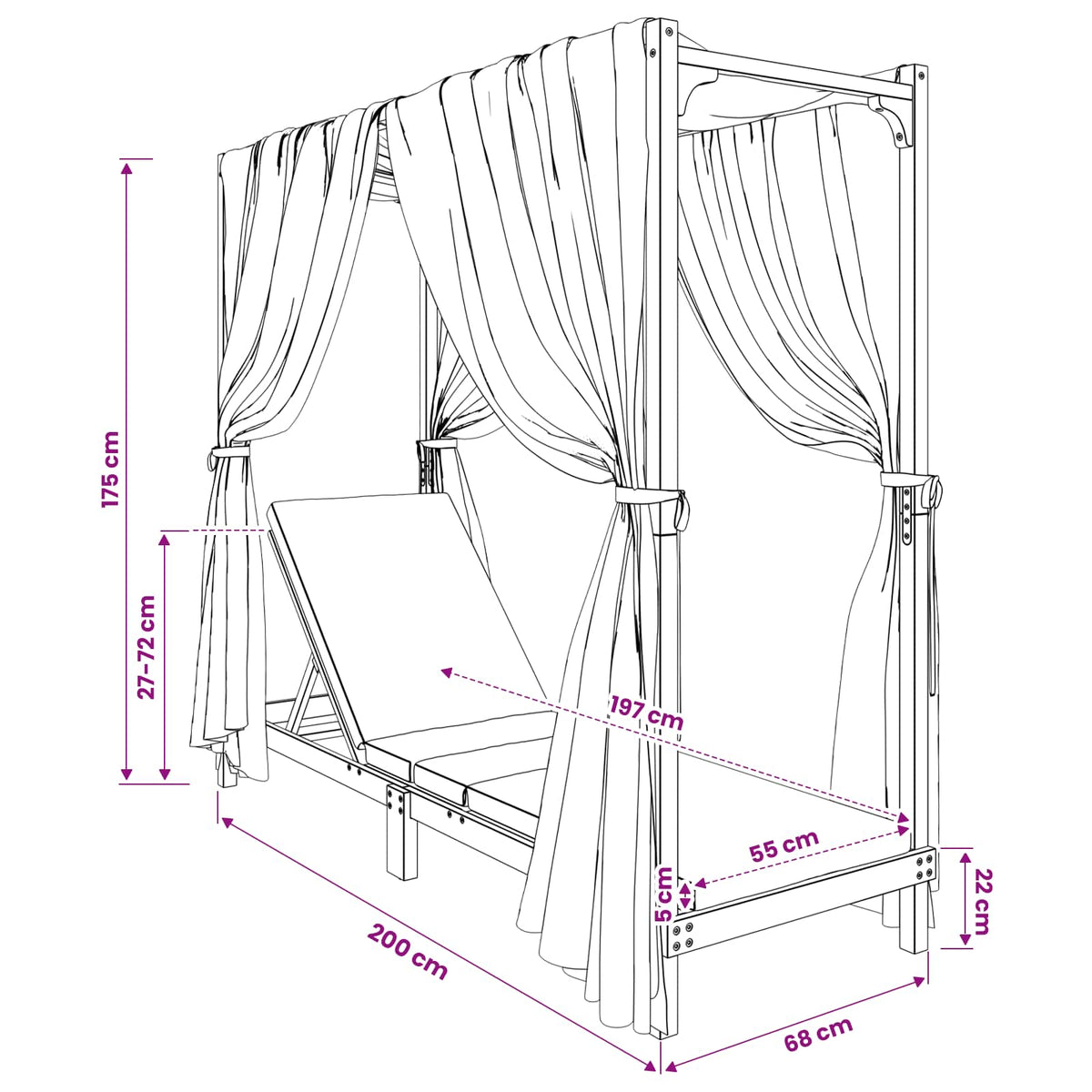 Single Sun Lounger with Canopy and Curtains Solid Acacia Wood