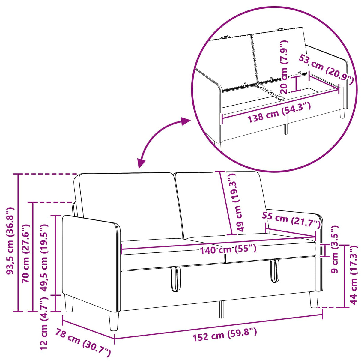 Sofa With Storage Black 152 x 78 x 87 cm Polyester