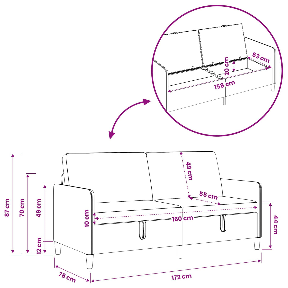 Sofa with Storage Black 172 x 78 x 87 cm Polyester