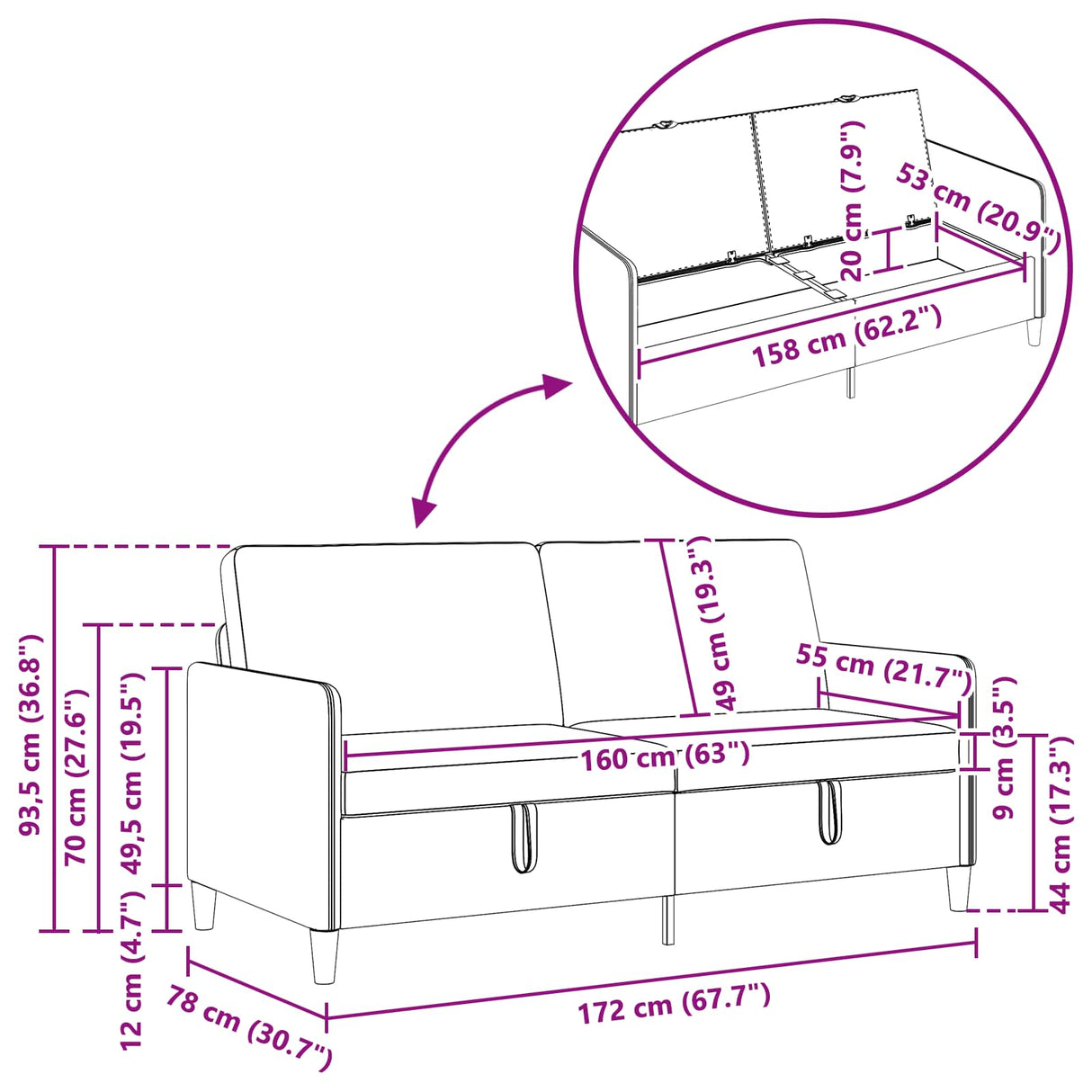 Sofa With Storage Black 172 x 78 x 87 cm Polyester