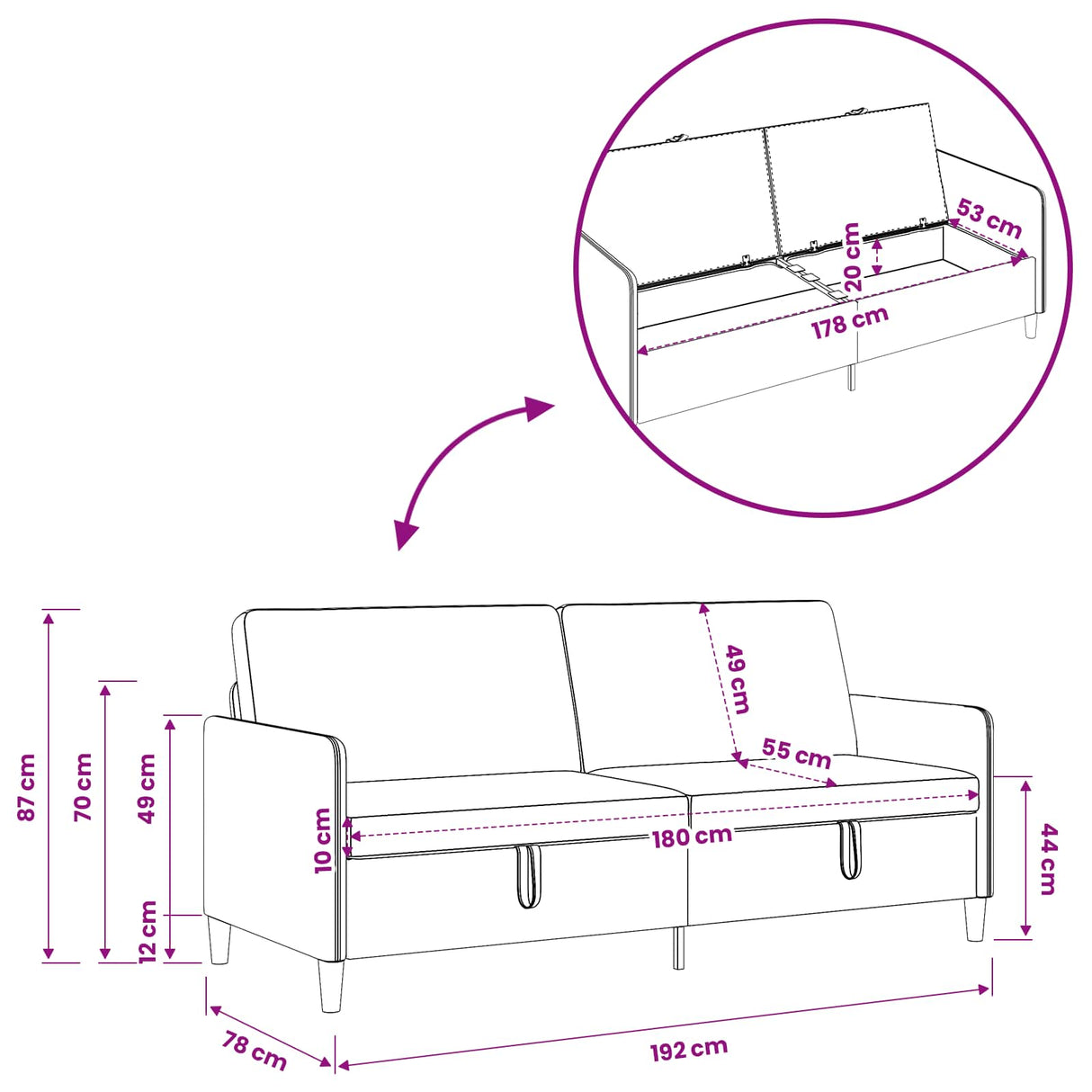Sofa with Storage Dark Grey 192 x 78 x 87 cm Polyester