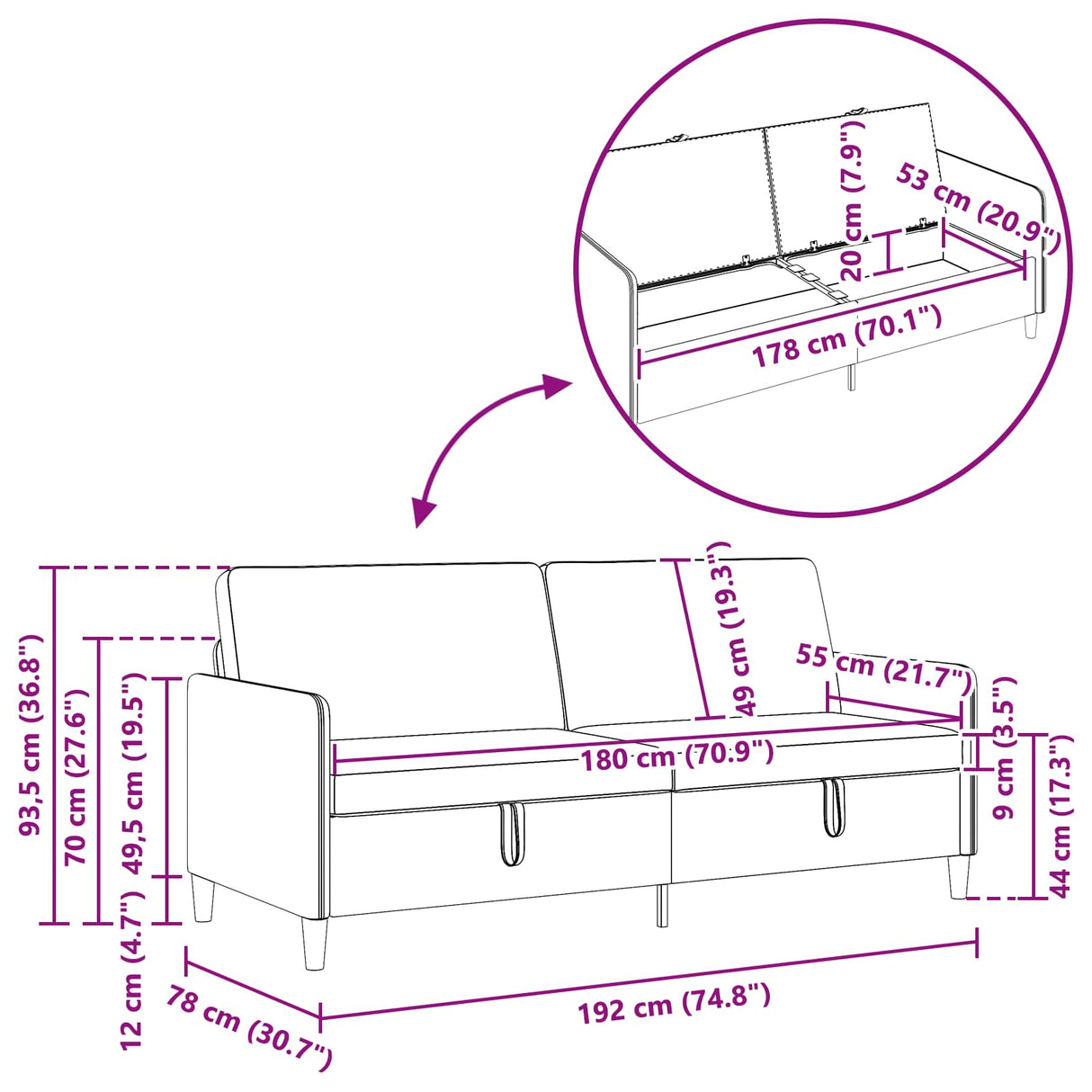 Sofa With Storage Black 192 x 78 x 87 cm Polyester
