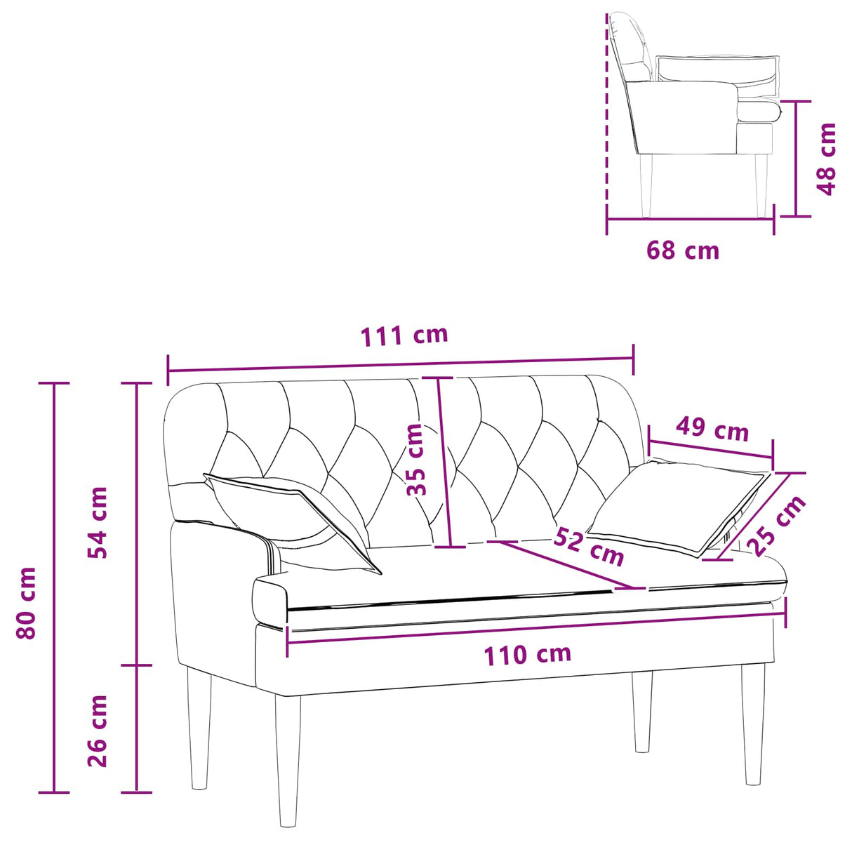 Loveseat with button tufted Dark Grey 111 x 68 x 80 cm Fabric