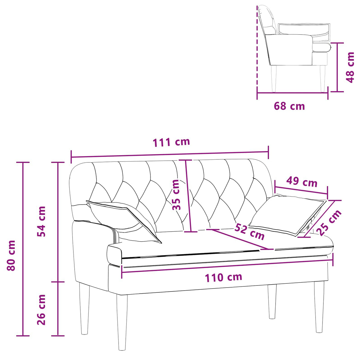 Loveseat with button tufted Black 111 x 68 x 80 cm Fabric