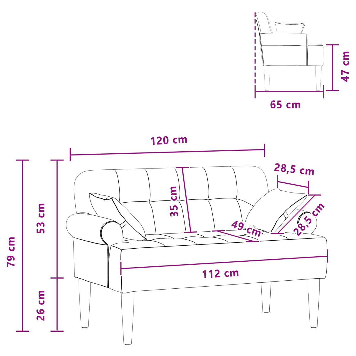 Loveseat with button tufted Dark Grey 120 x 65 x 79 cm Fabric