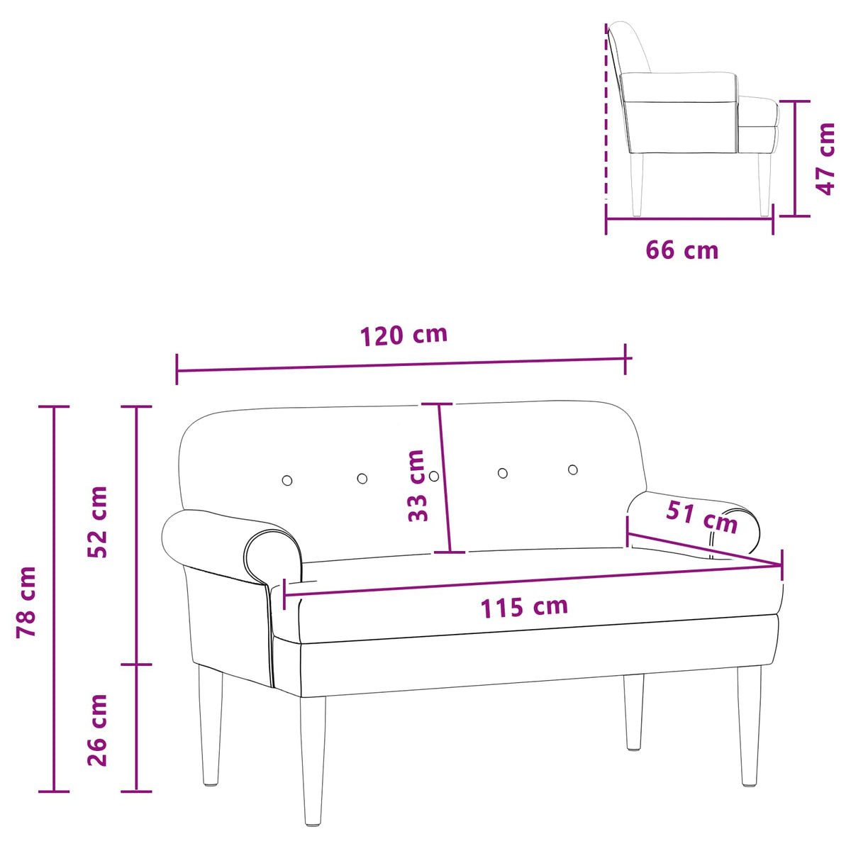 Loveseat with button tufted Black 120 x 66 x 78 cm Velvet