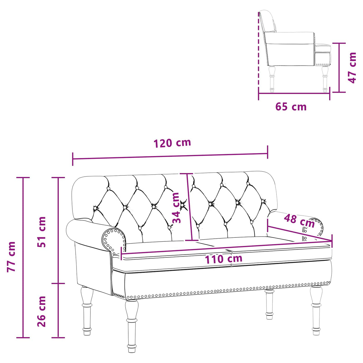 Loveseat with button tufted Black 120 x 65 x 77 cm Faux Leather