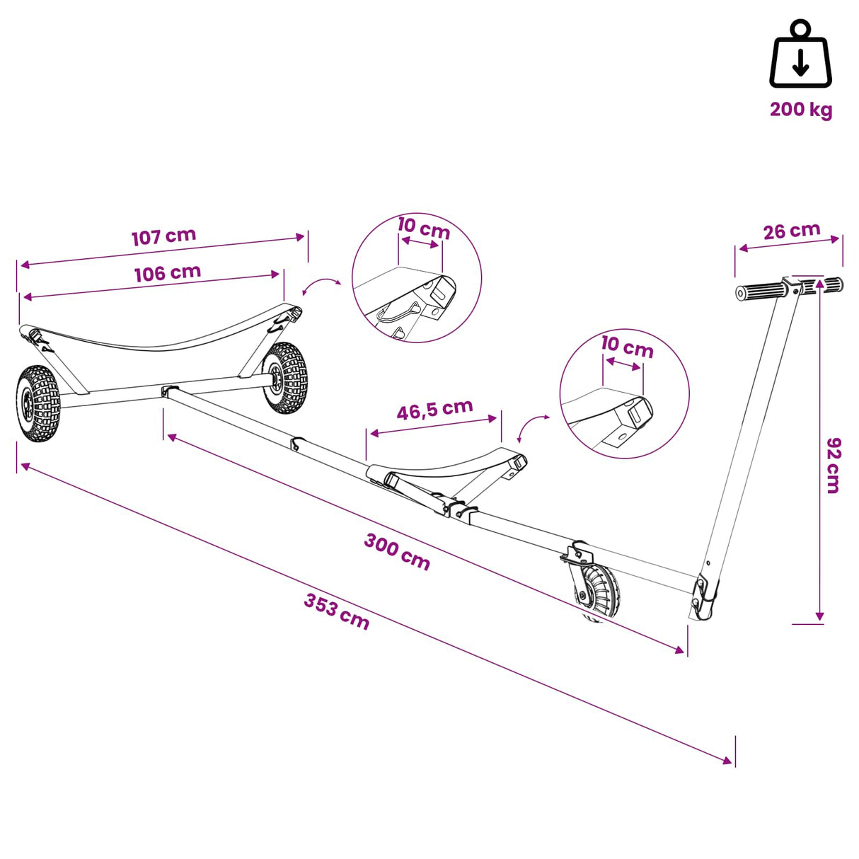Adjustable Boat Trailer with Pneumatic Tires 200 kg Load Silver