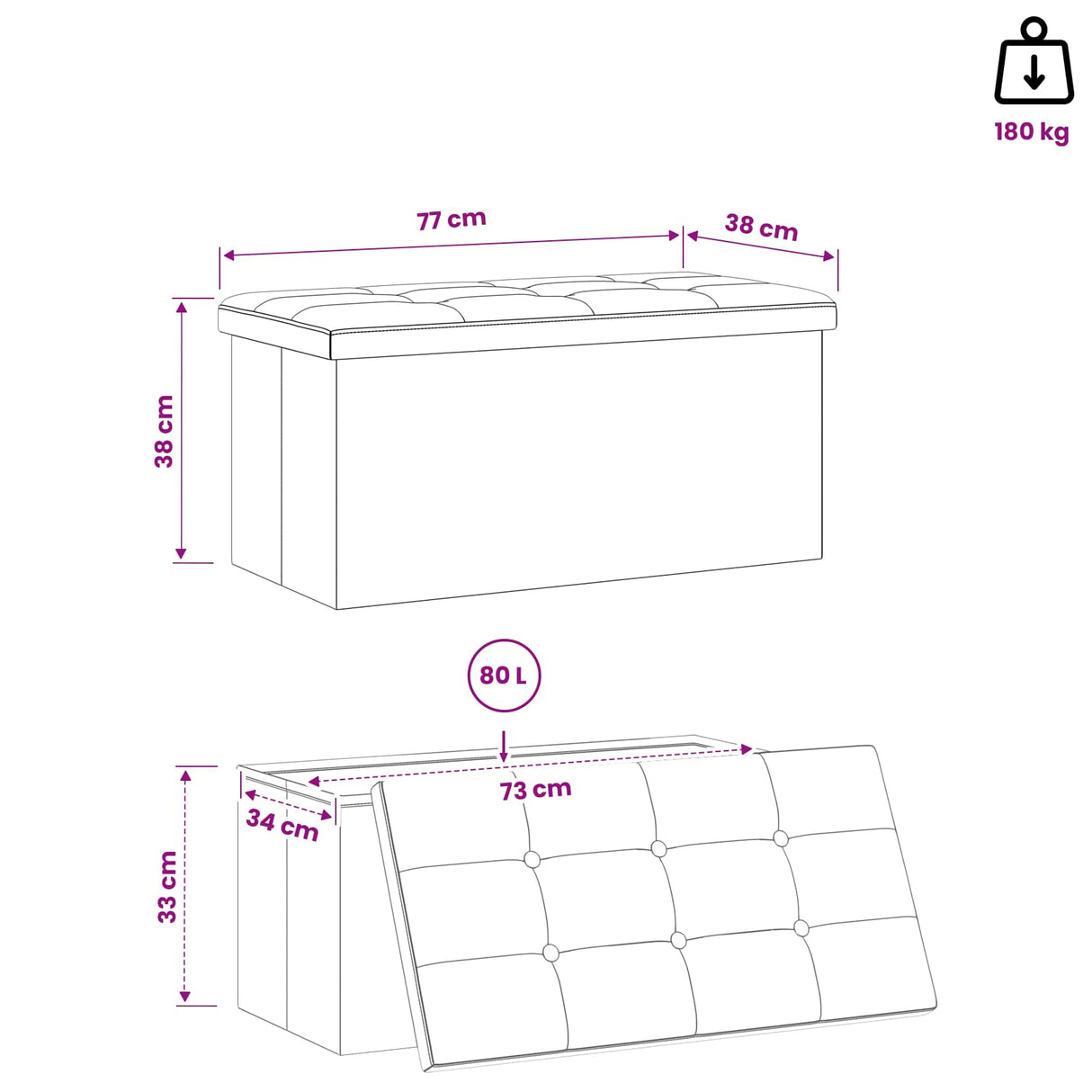 Foldable Storage Bench Dark Grey 180 kg 80 L 77 x 38 x 38 cm