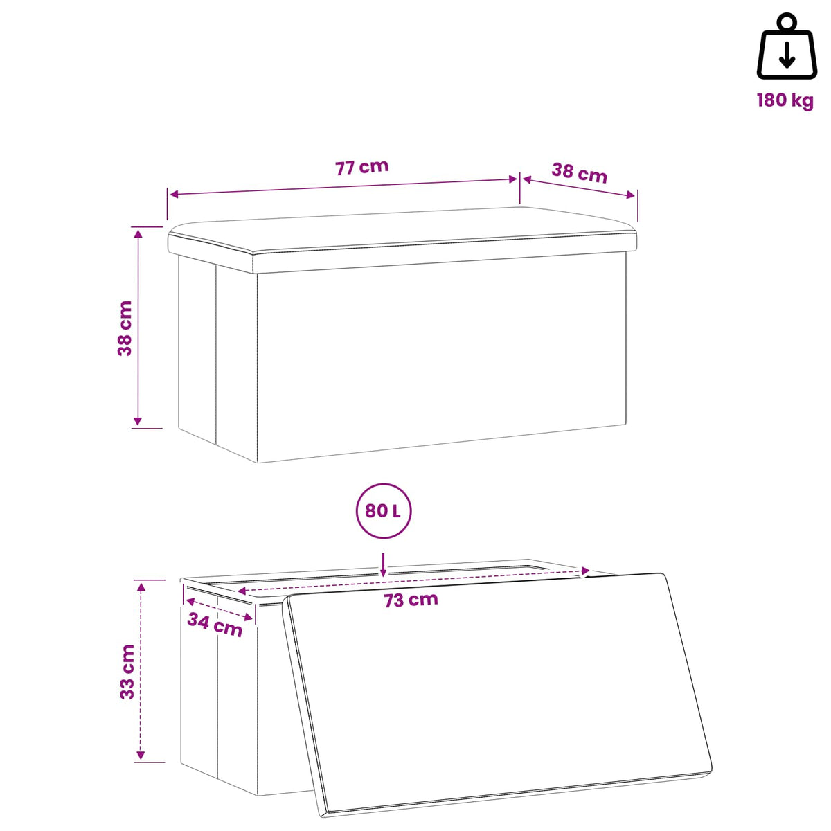 Foldable Storage Bench Black 180 kg 80 L 77 x 38 x 38 cm PVC