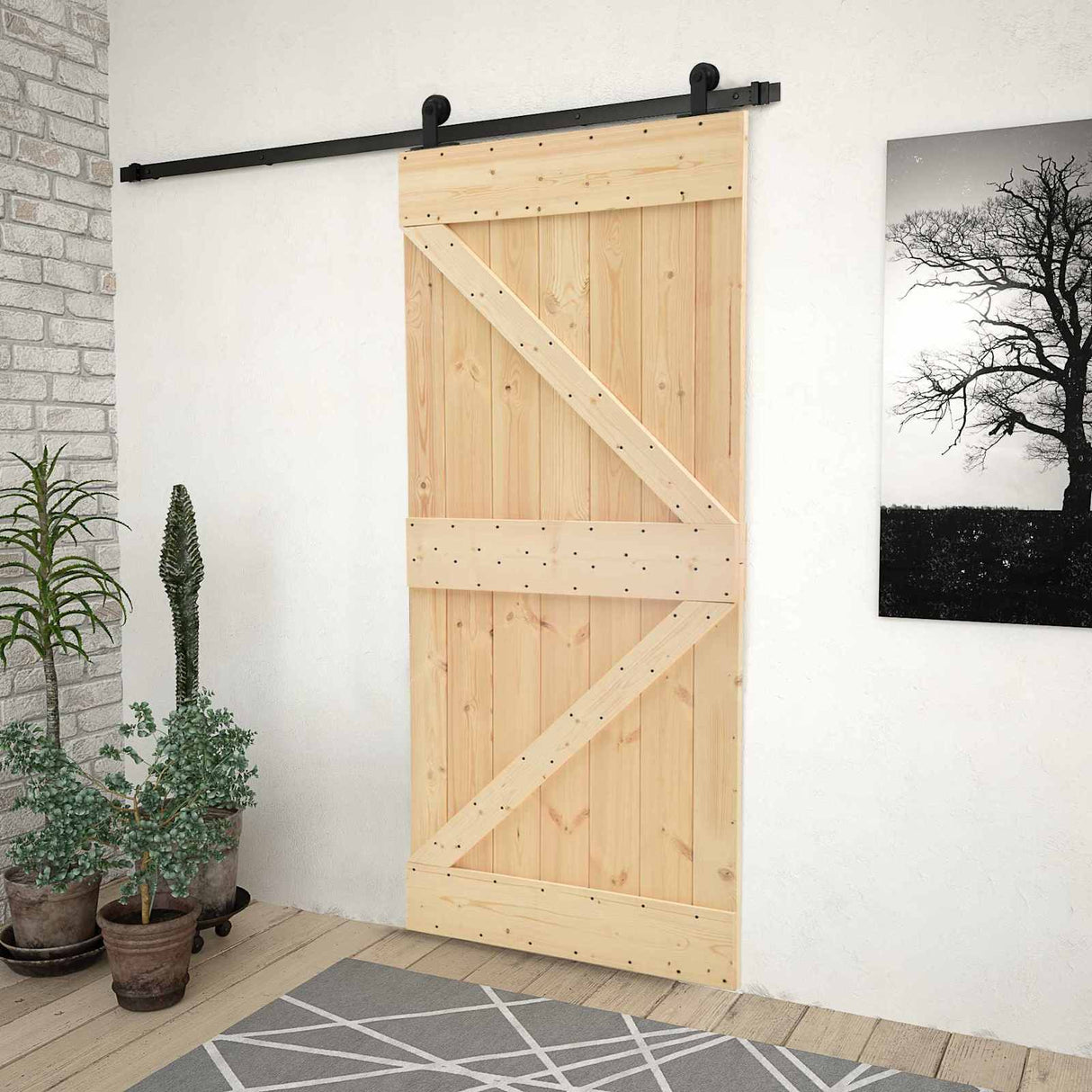 Sliding Door Natural and Black 100 x 210 cm Solid Pine Wood