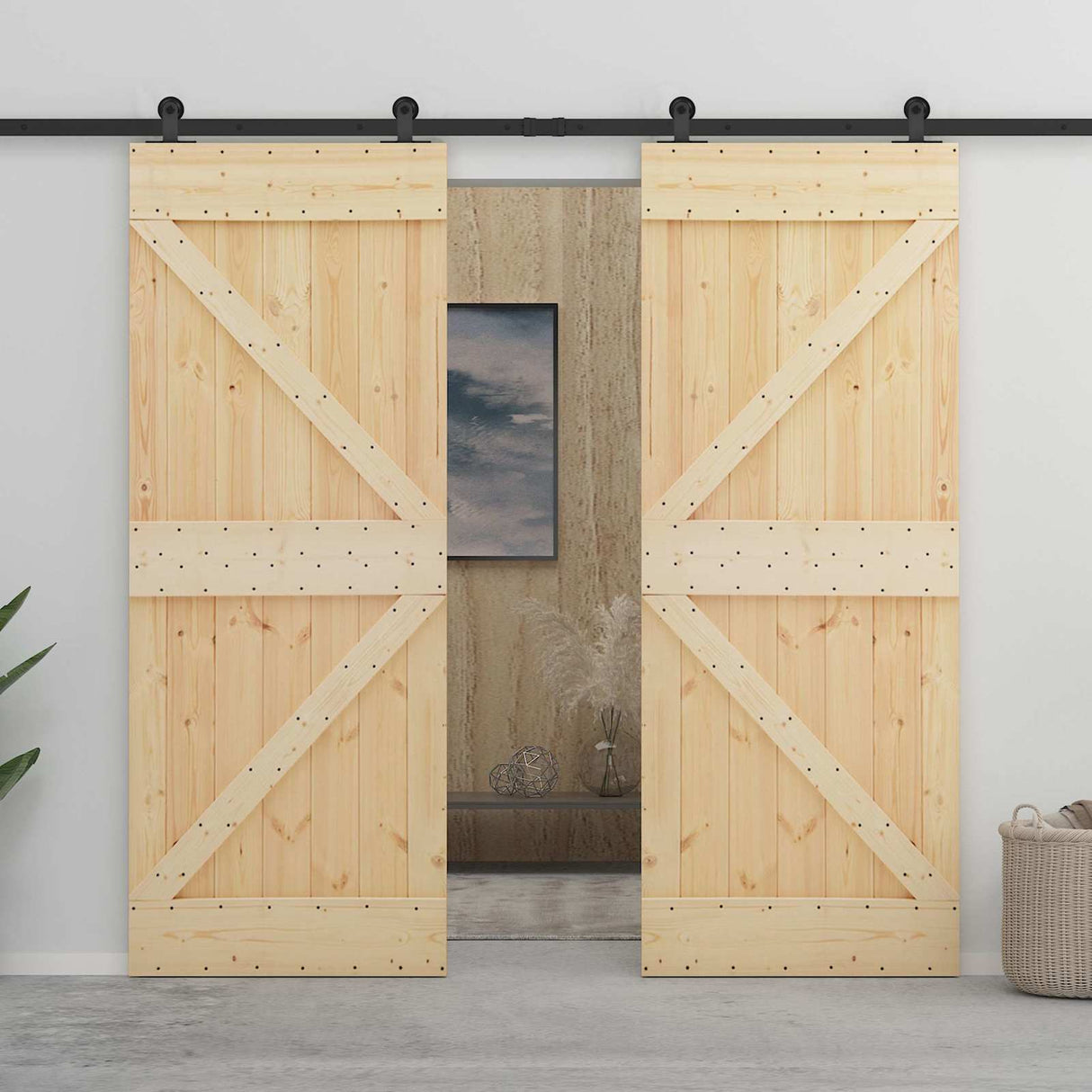 Sliding Door Natural and Black 100 x 210 cm Solid Pine Wood