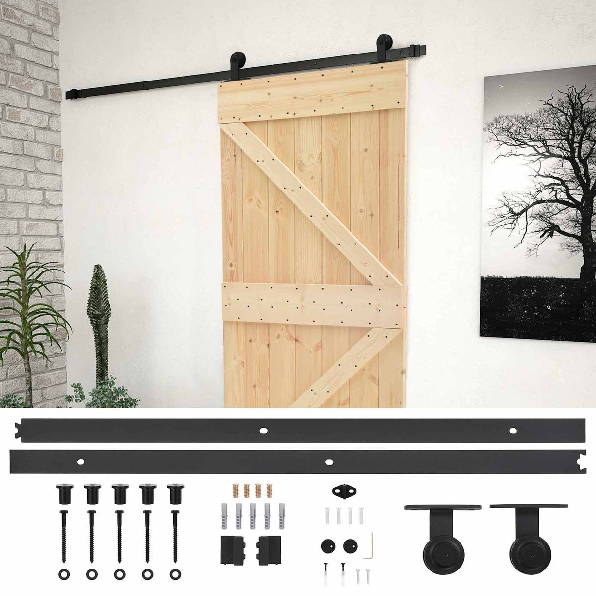 Sliding Door Natural and Black 100 x 210 cm Solid Pine Wood
