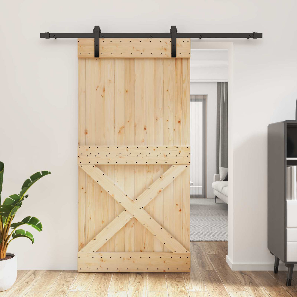 Sliding Door Natural and Black 100 x 210 cm Solid Pine Wood