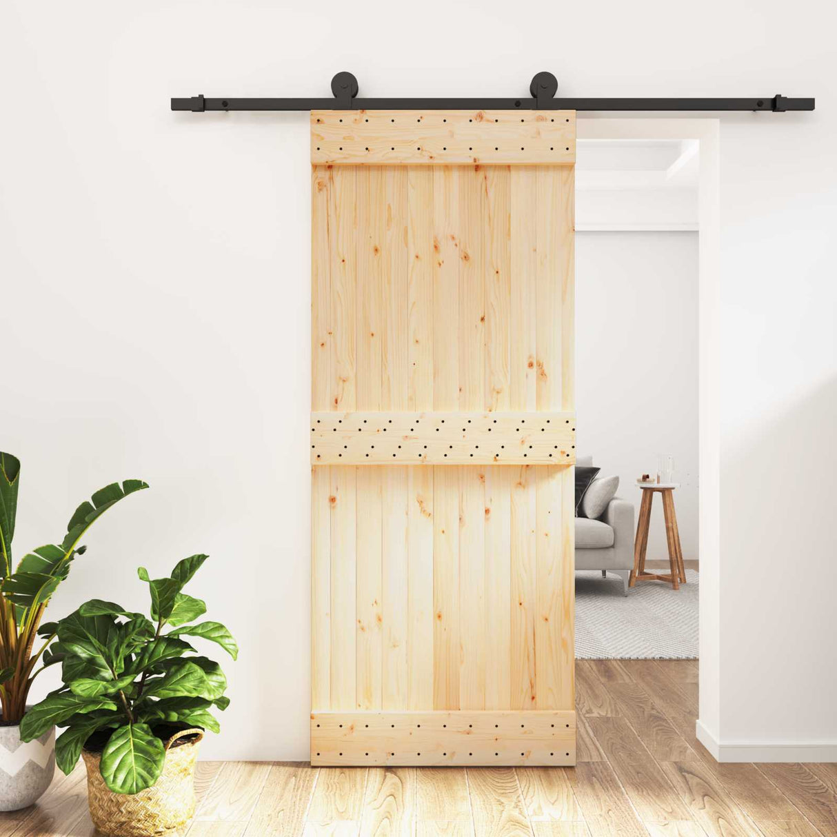 Sliding Door Natural and Black 85 x 210 cm Solid Pine Wood