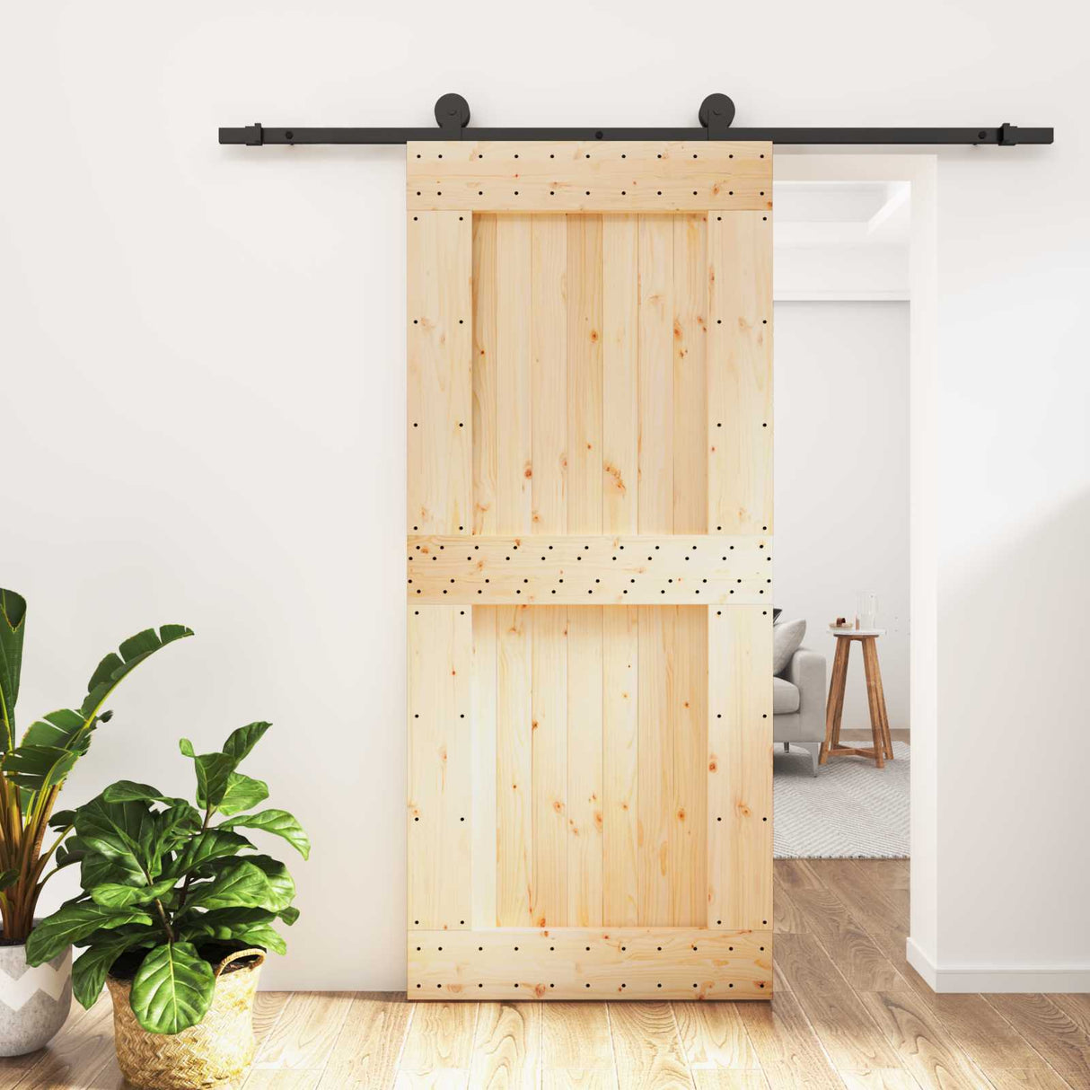 Sliding Door Natural and Black 90 x 210 cm Solid Pine Wood