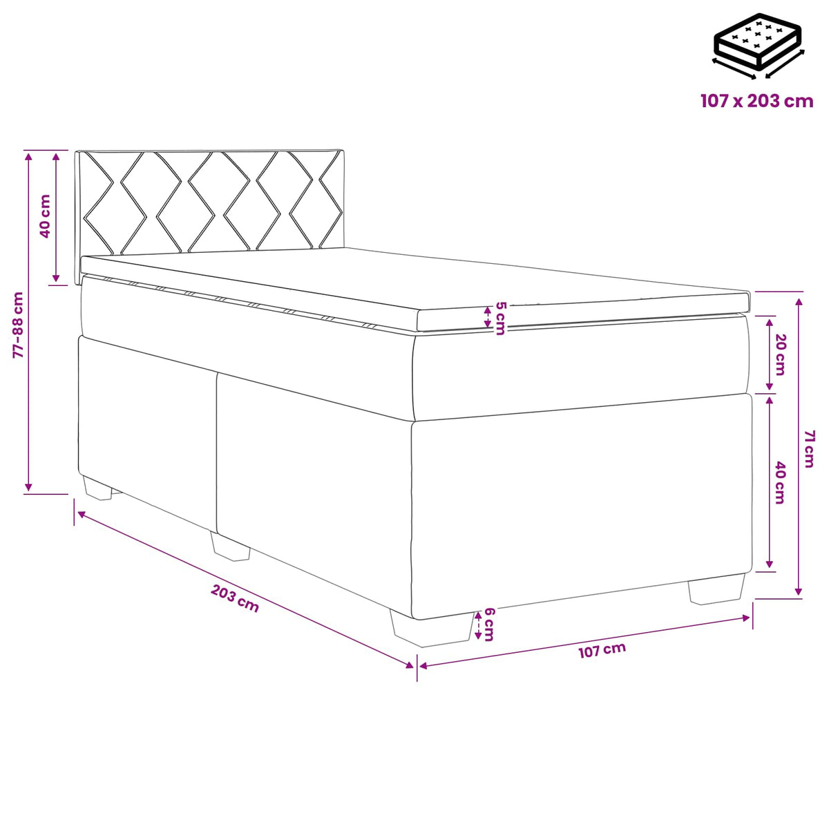 Box Spring Bed with Mattress Black 107 x 203 cm Velvet