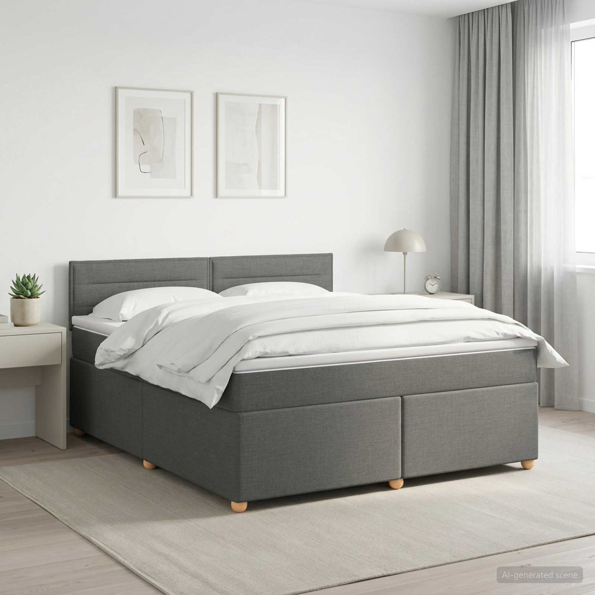 Box Spring Bed with Mattress Dark Grey 153 x 203 cm Fabric