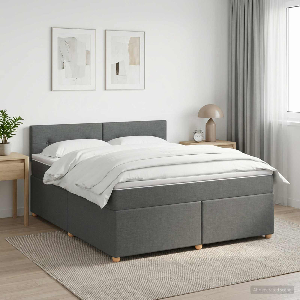 Box Spring Bed with Mattress Dark Grey 153 x 203 cm Fabric