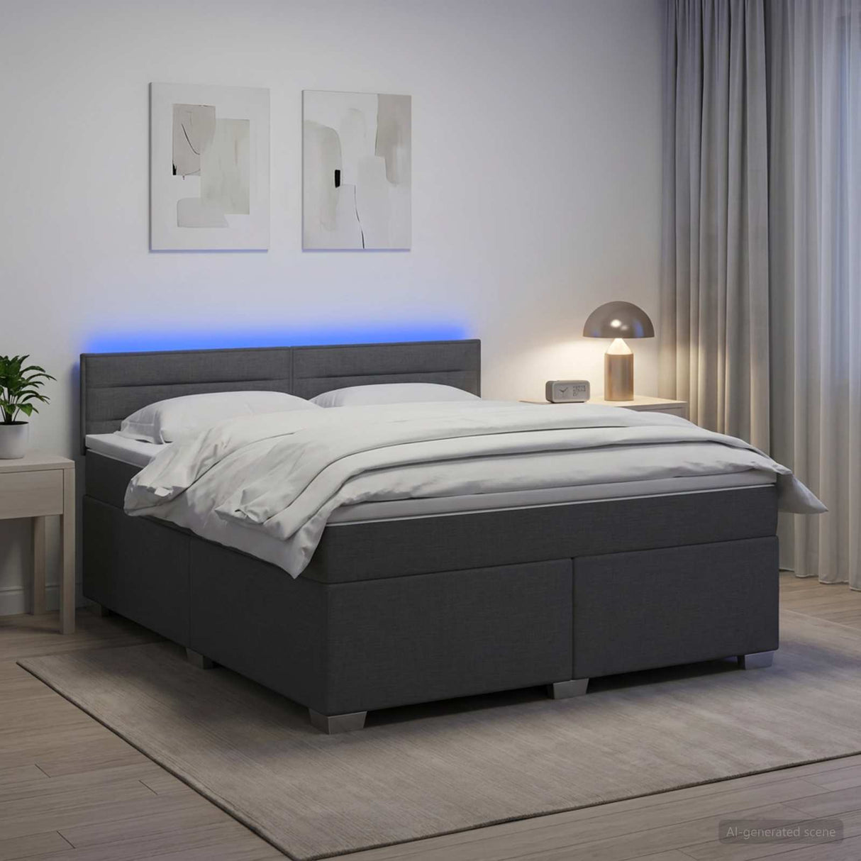 Box Spring Bed with Mattress and LED Dark Grey Double Fabric