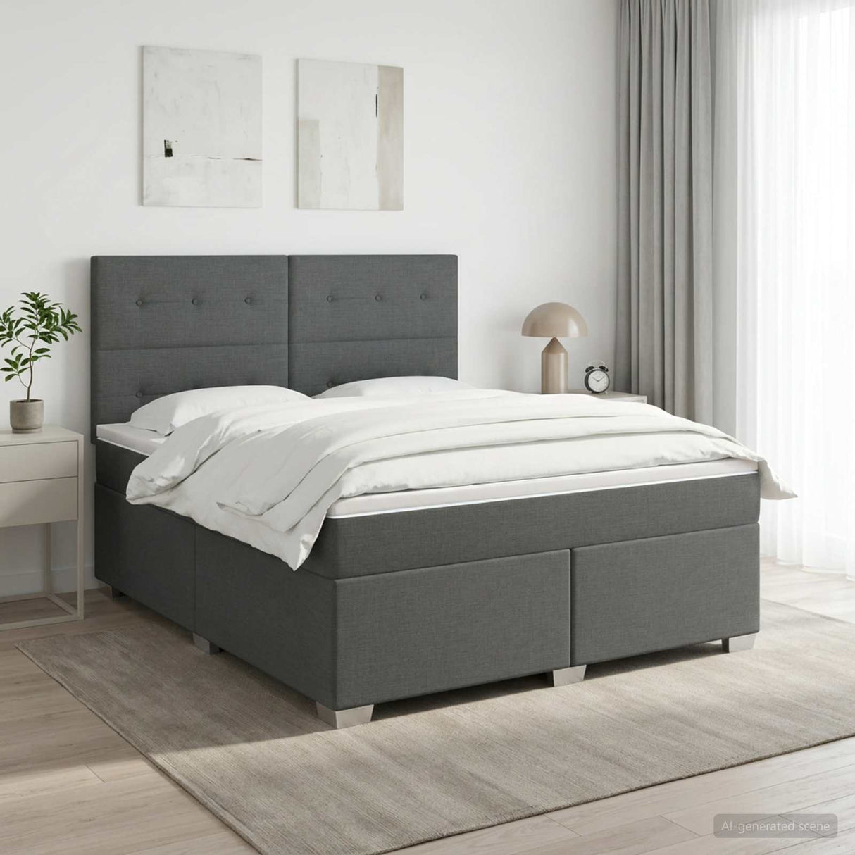 Box Spring Bed with Mattress Dark Grey Queen Fabric