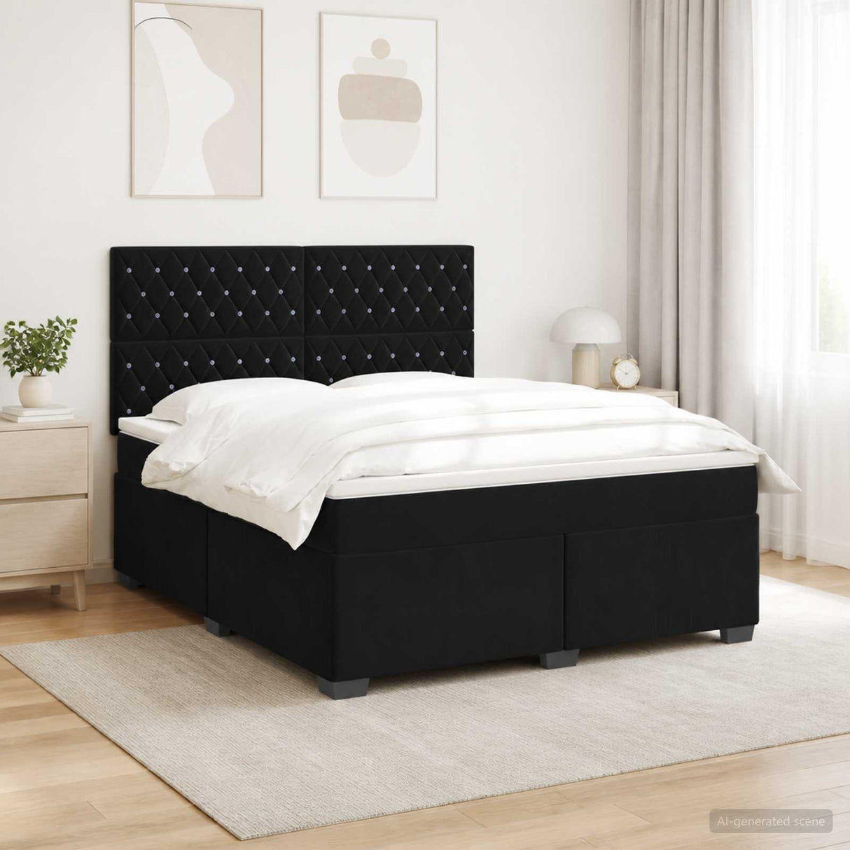 Box Spring Bed with Mattress with Headboard Black Queen Velvet
