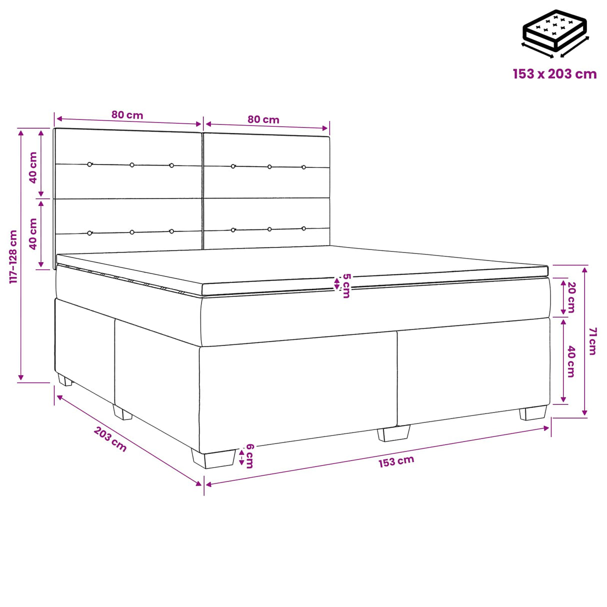 Box Spring Bed with Mattress and LED Dark Grey 153 x 203 cm