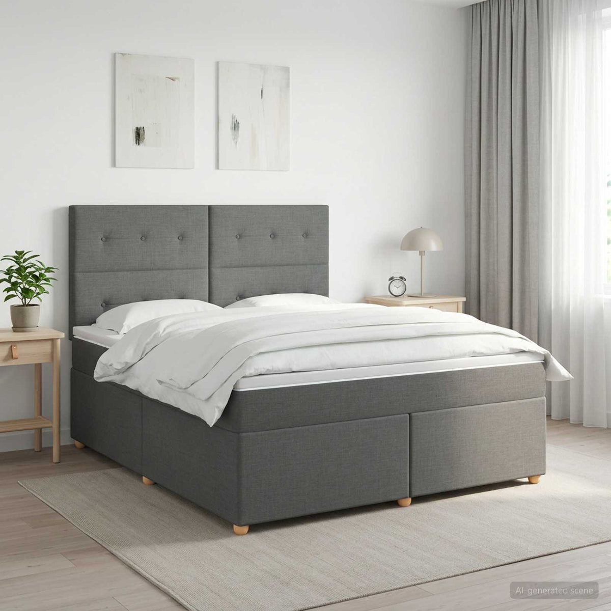 LED Box Spring Bed with Mattress Dark Grey 140 x 190 cm Fabric