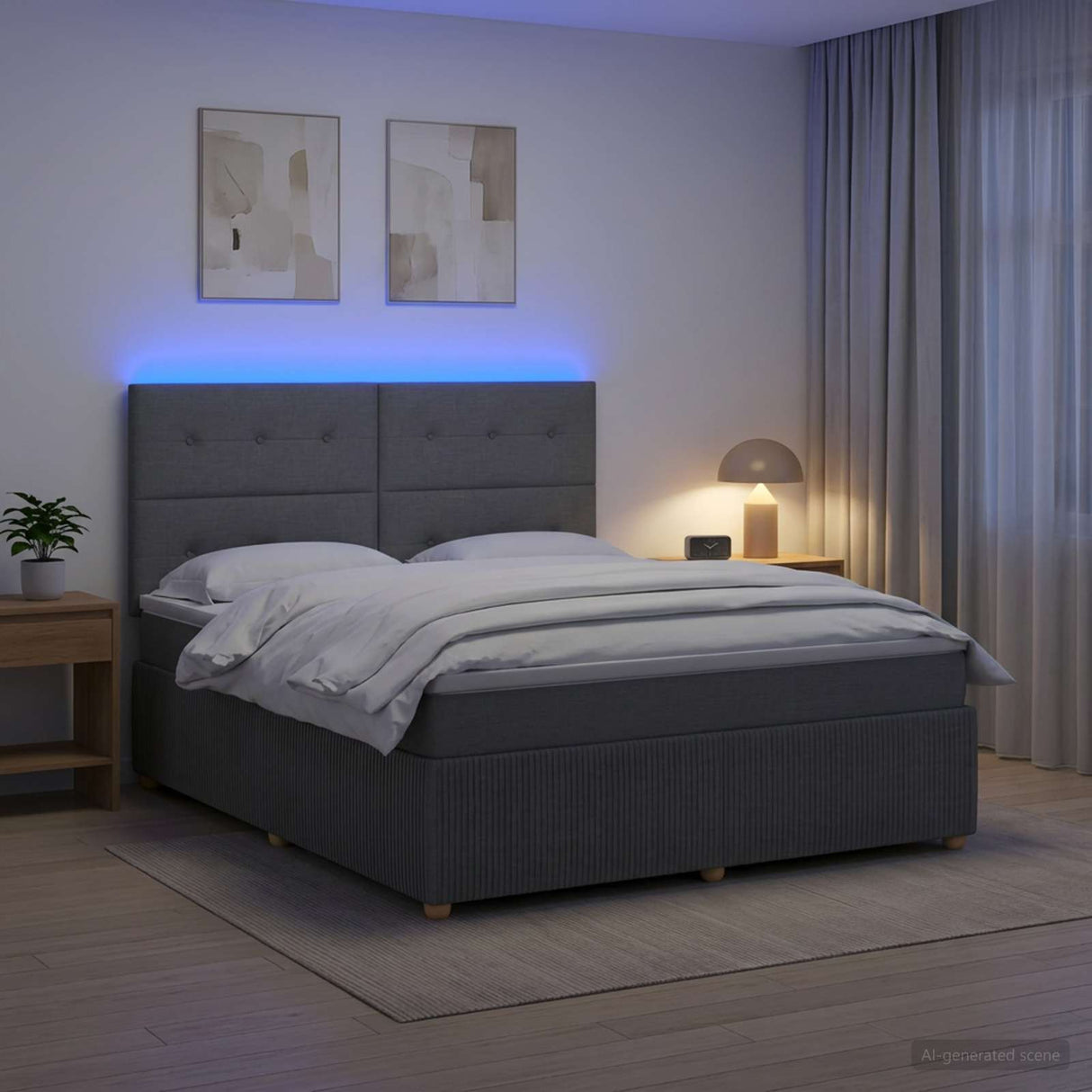 LED Box Spring Bed with Mattress Dark Grey 140 x 190 cm Fabric