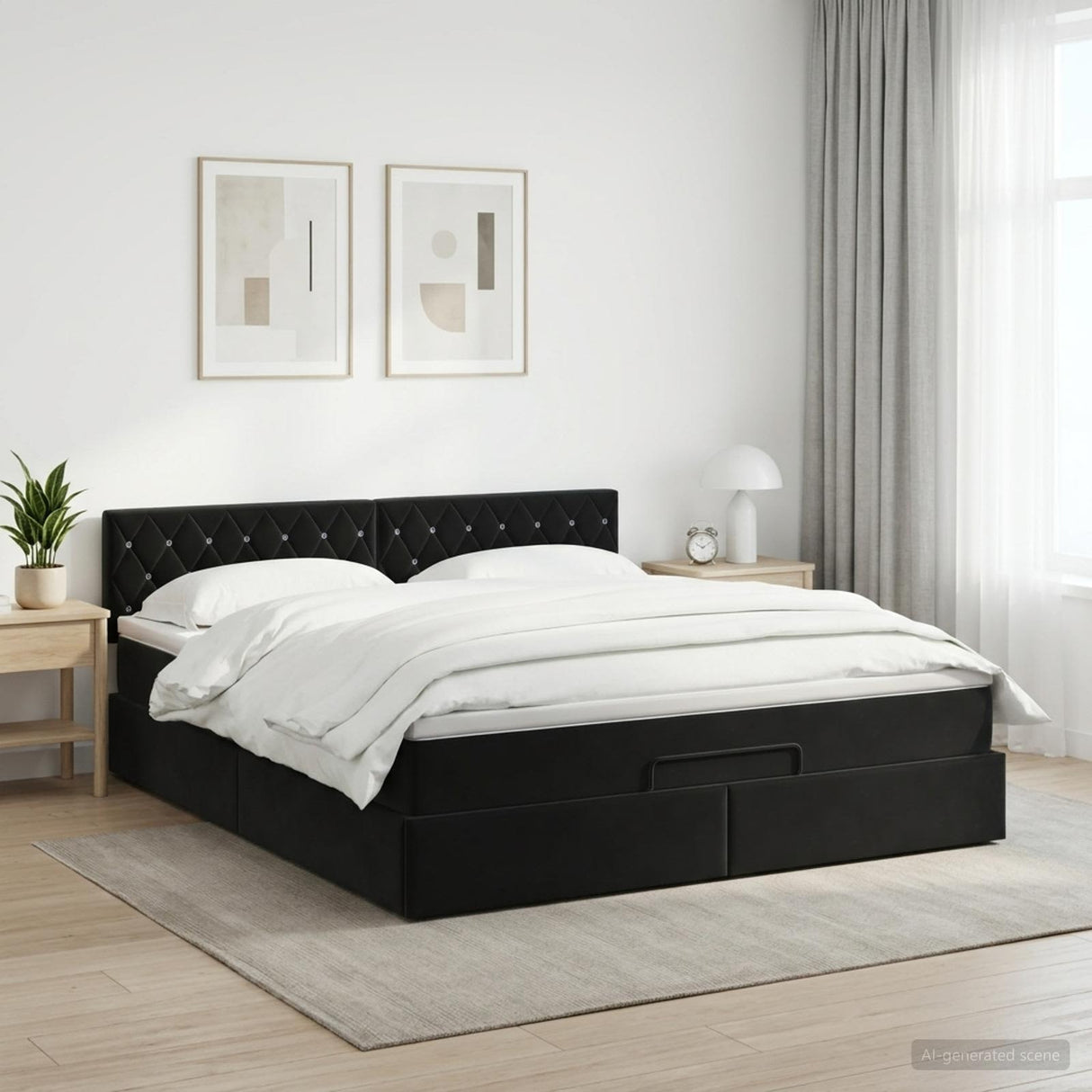 Ottoman Bed with Mattress Black 152 x 203 cm Velvet