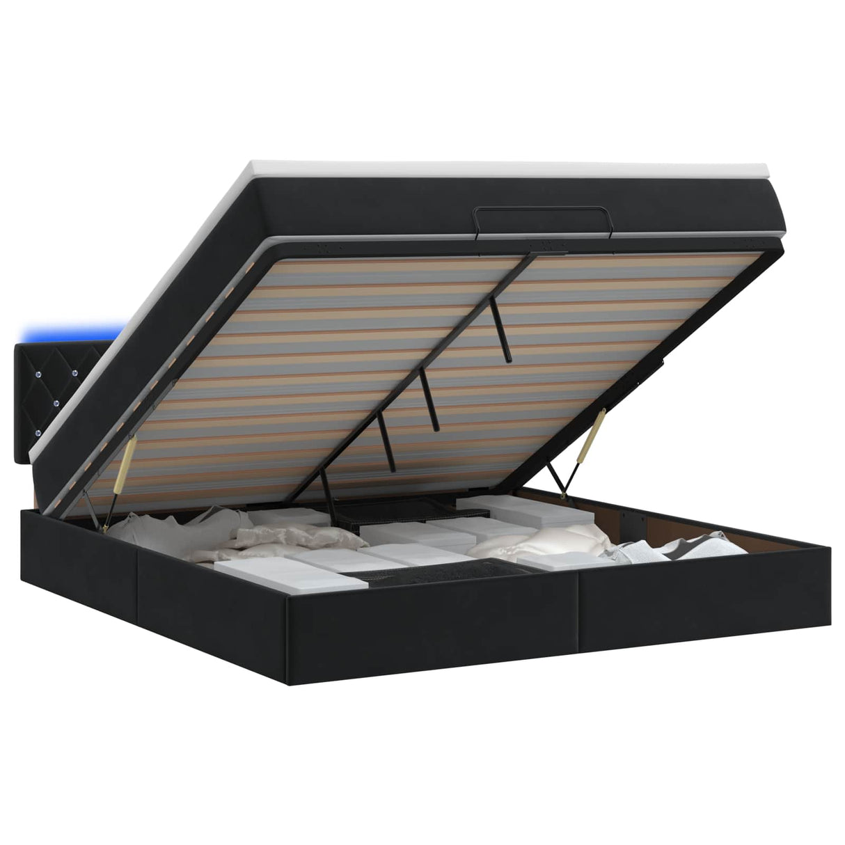 Ottoman Bed with Mattress and LED Black Queen Velvet