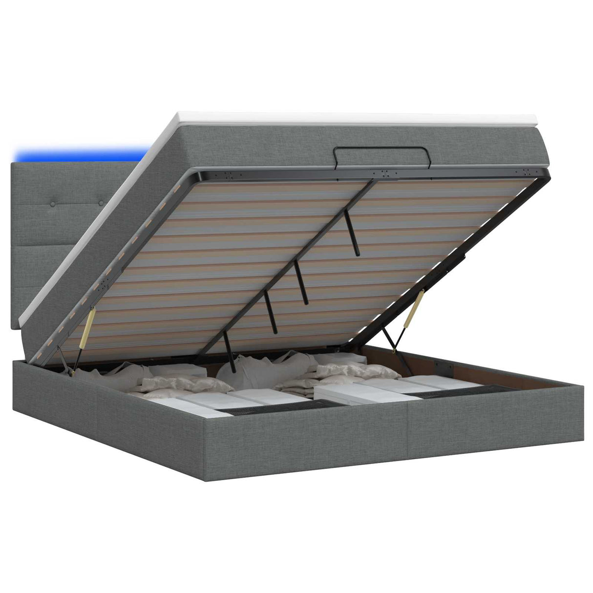 Ottoman Bed with Mattress and LED Dark Grey Queen Fabric
