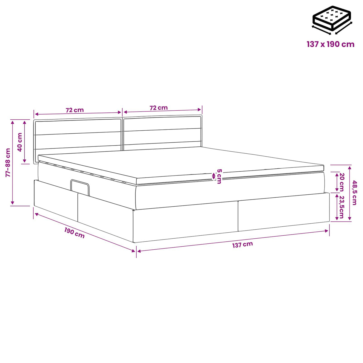 Storage Bed with Headboard 137 x 190 cm Fabric