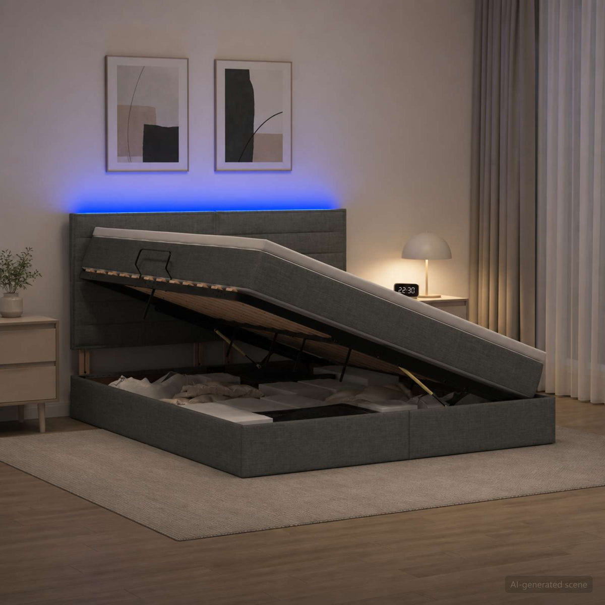 LED Storage Bed with Mattress Dark Grey 140 x 190 cm Fabric