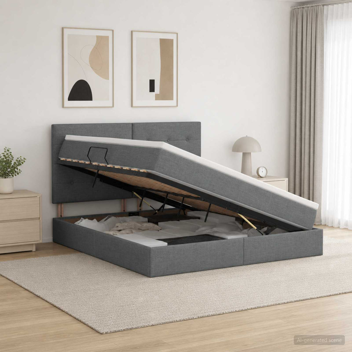 LED Storage Bed with Mattress Dark Grey 160 x 200 cm Fabric