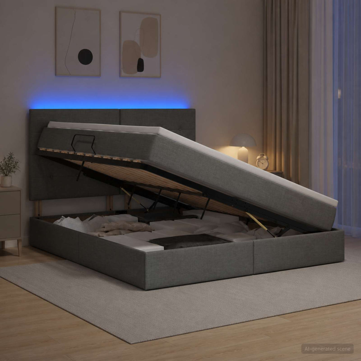 LED Storage Bed with Mattress Dark Grey 160 x 200 cm Fabric
