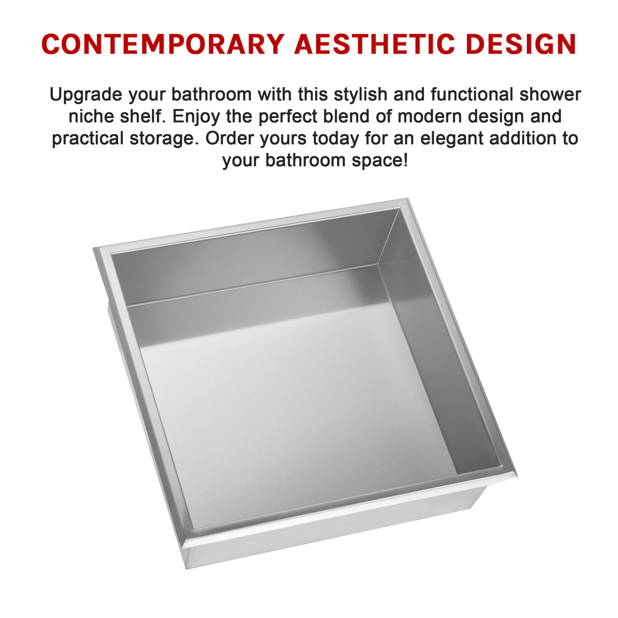 336 x 336 x 101mm Shower Niche Single Shelf Organizer No Tile Needed in Stainless Steel Finish